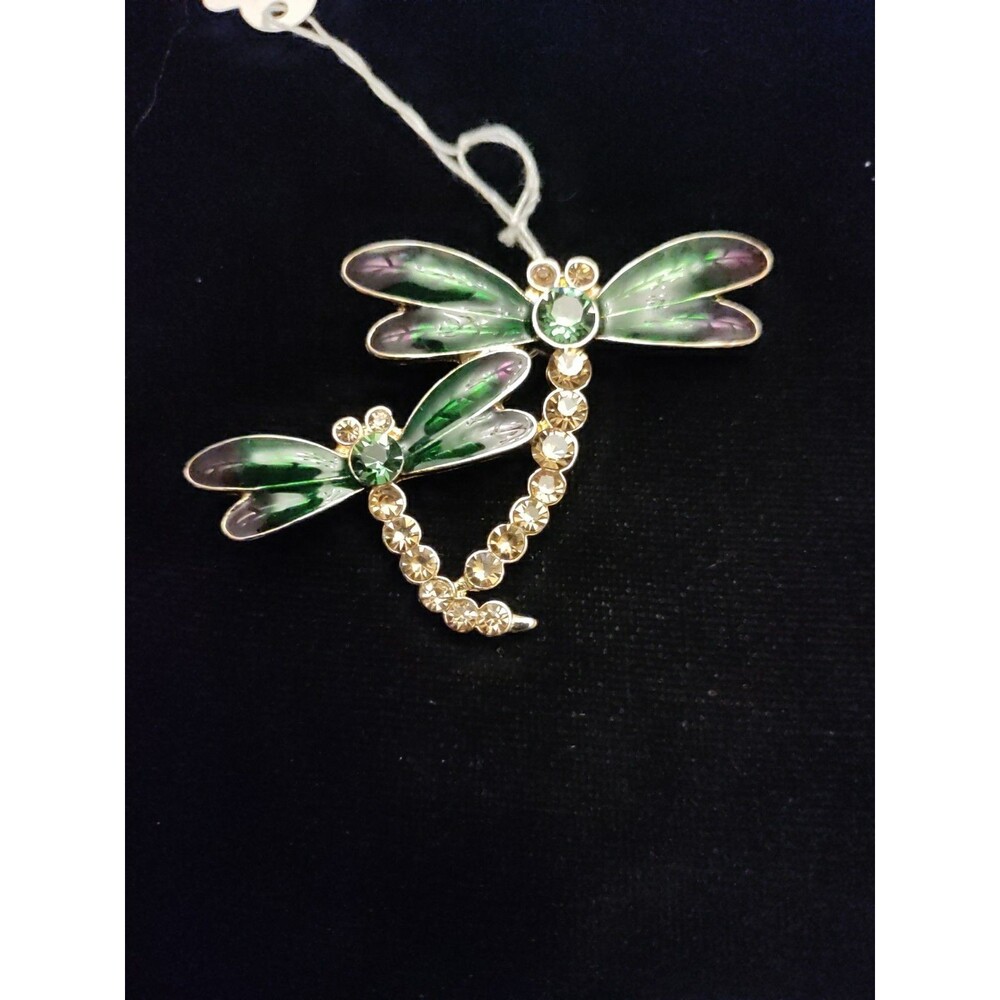 Green Enamel & Rhinestone Mom & Baby Dragonfly Brooch